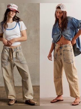 NWT Free People Moxie Low Slung Pull On Barrel Jeans Cowboy size 25